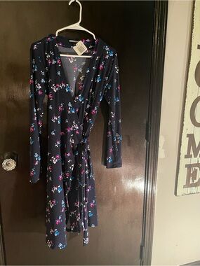 Long Sleeve Navy Floral Wrap Dress with Pink & Blue Blossoms